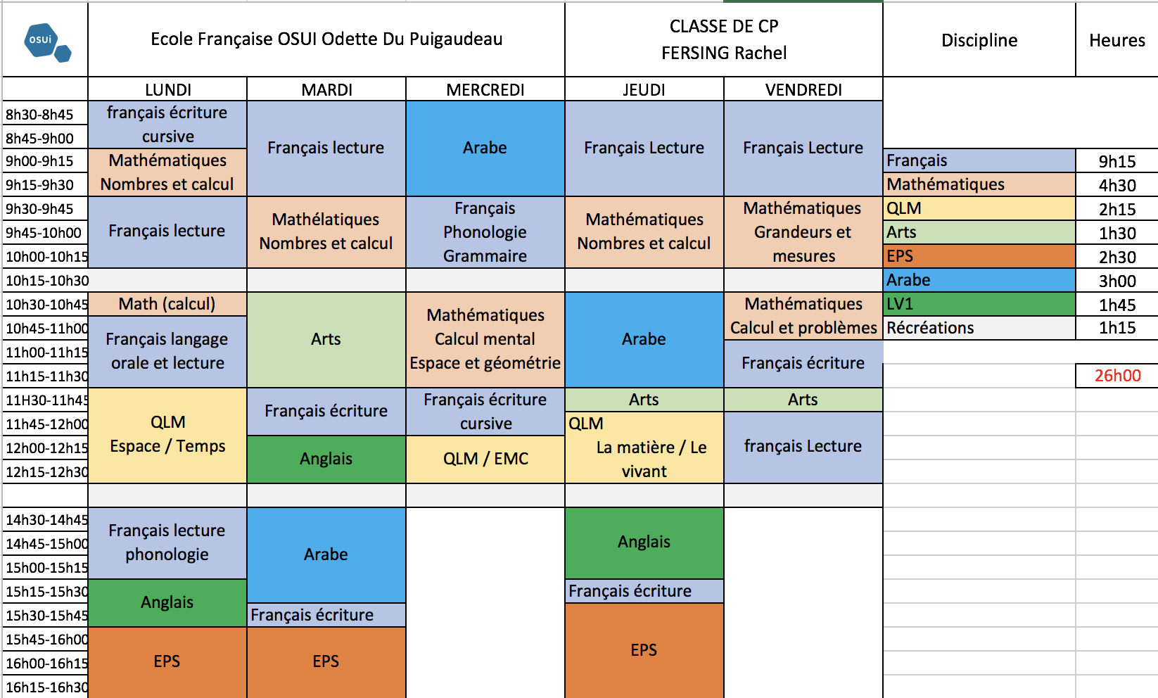Emploi du temps 6ème – École Odette du Puigaudeau DAKHLA