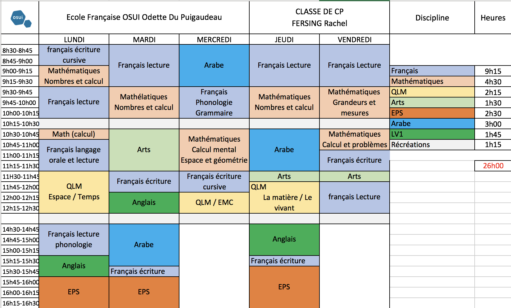 Emploi Du Temps 6ème – École Odette Du Puigaudeau DAKHLA